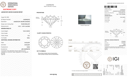 10.03 Carat Round Cut Lab Grown Diamond – F VS2, Ideal Cut | IGI
