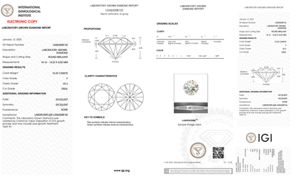 10.33 Carat Round Cut Lab Grown Diamond – F VS2, Ideal Cut | IGI