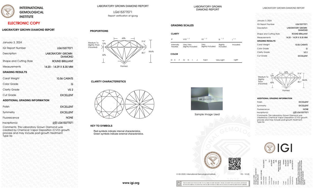 10.56 Carat Round Cut Lab Grown Diamond – G VS2, Excellent Cut | IGI