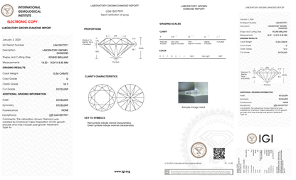 10.56 Carat Round Cut Lab Grown Diamond – G VS2, Excellent Cut | IGI