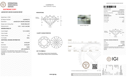 10.10 Carat Round Cut Lab Grown Diamond – E VS2, Ideal Cut | IGI