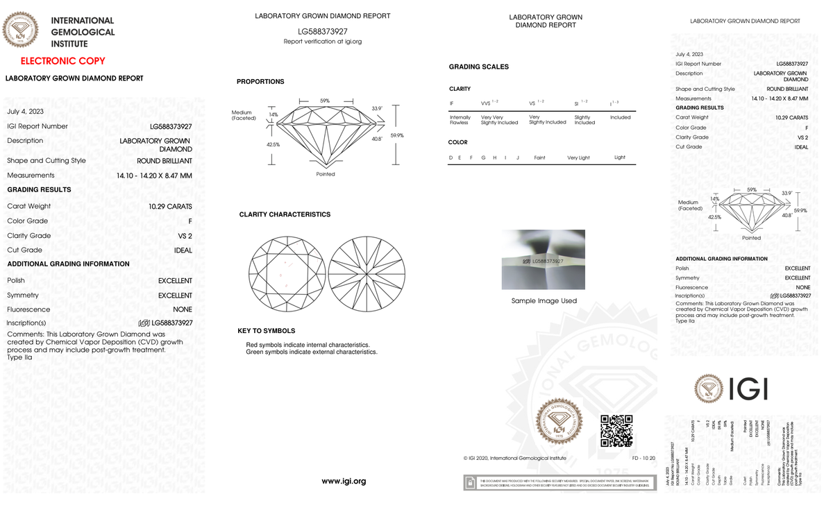 10.29 Carat Round Cut Lab Grown Diamond – F VS2, Ideal Cut | IGI