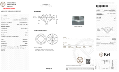 10.02 Carat Round Cut Lab Grown Diamond – F VS2, Ideal Cut | IGI