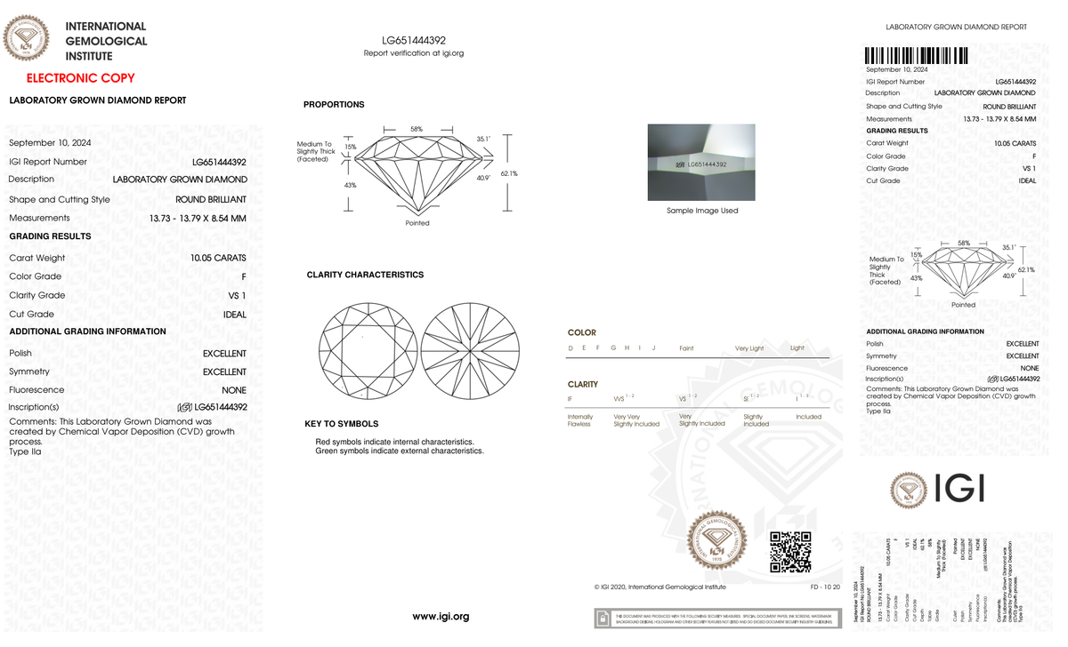 10.05 Carat Round Cut Lab Grown Diamond – F VS1, Ideal Cut | IGI