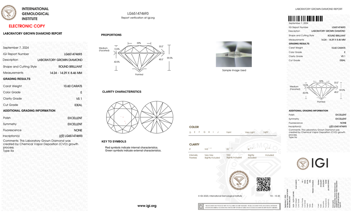 10.60 Carat Round Cut Lab Grown Diamond – E VS1, Ideal Cut | IGI