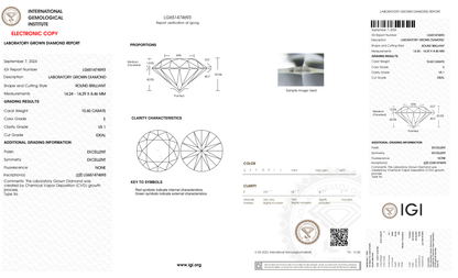 10.60 Carat Round Cut Lab Grown Diamond – E VS1, Ideal Cut | IGI