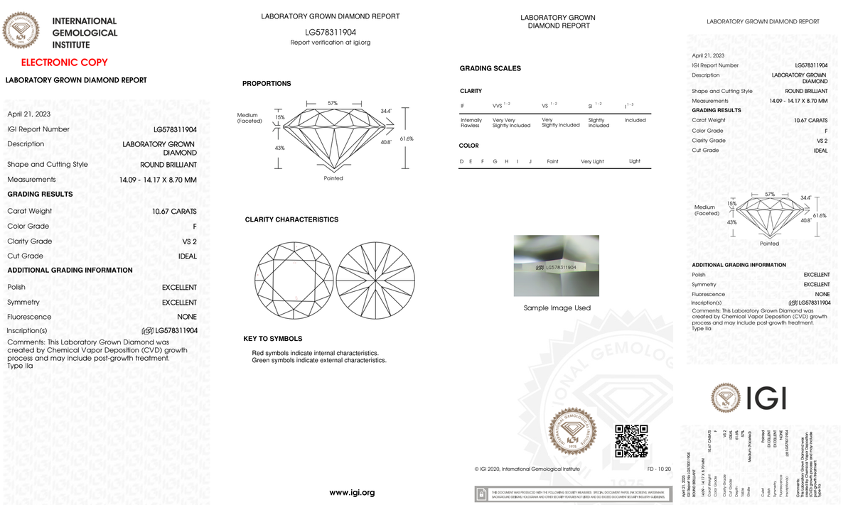 10.67 Carat Round Cut Lab Grown Diamond – F VS2, Ideal Cut | IGI