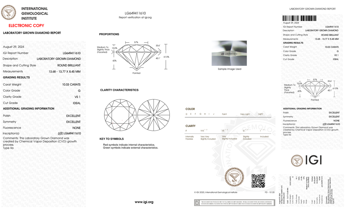 10.03 Carat Round Cut Lab Grown Diamond – G VS1, Ideal Cut | IGI