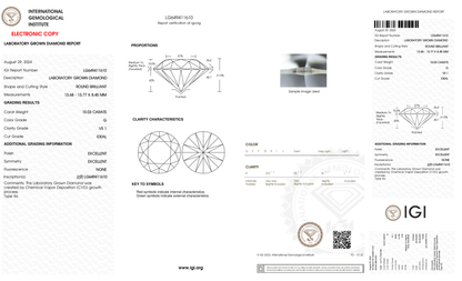 10.03 Carat Round Cut Lab Grown Diamond – G VS1, Ideal Cut | IGI