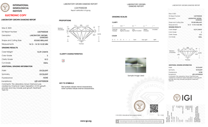 10.29 Carat Round Cut Lab Grown Diamond – E VS2, Ideal Cut | IGI