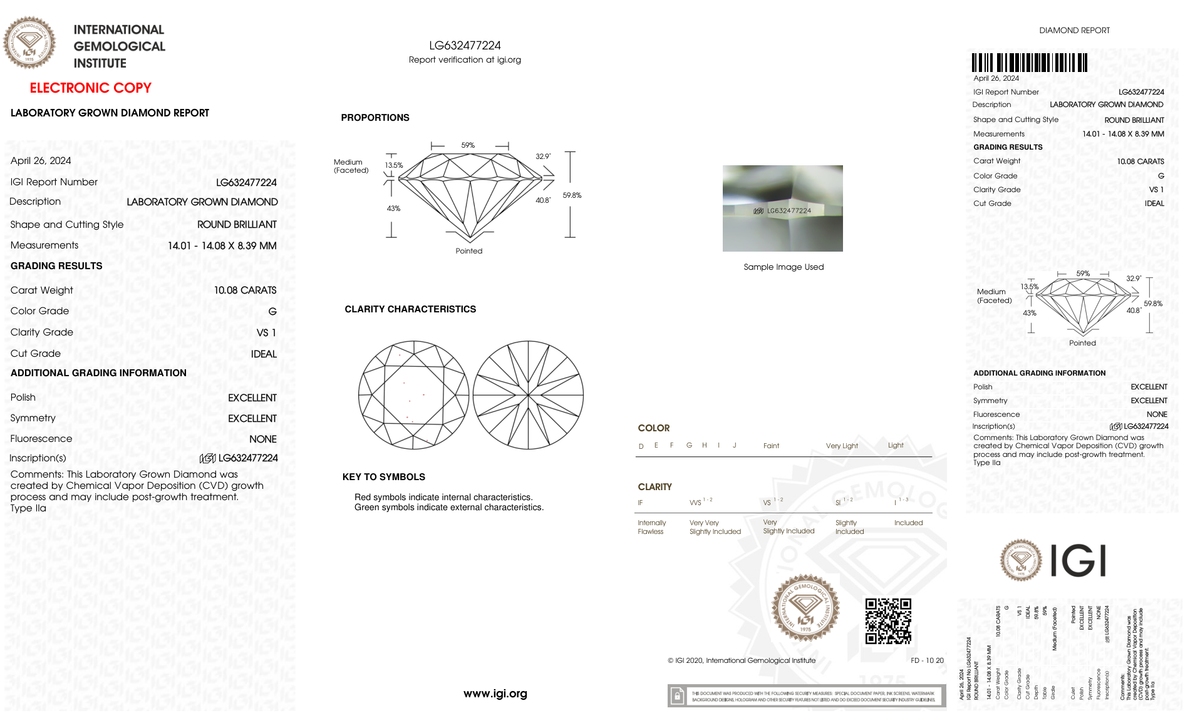 10.08 Carat Round Cut Lab Grown Diamond – G VS1, Ideal Cut | IGI