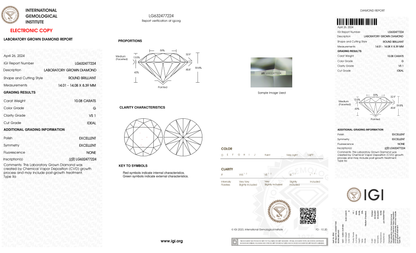 10.08 Carat Round Cut Lab Grown Diamond – G VS1, Ideal Cut | IGI
