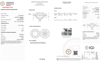 10.61 Carat Round Cut Lab Grown Diamond – E VS2, Ideal Cut | IGI