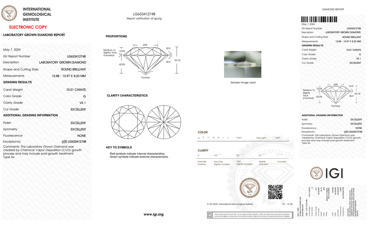 10.01 Carat Round Cut Lab Grown Diamond – G VS1, Excellent Cut | IGI