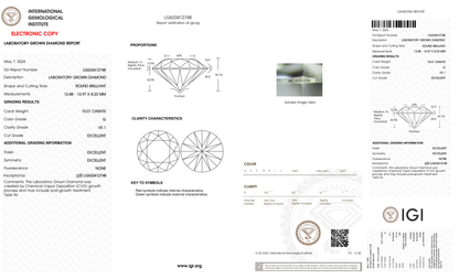 10.01 Carat Round Cut Lab Grown Diamond – G VS1, Excellent Cut | IGI