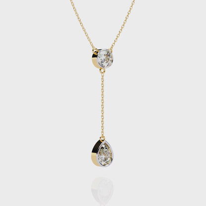 Duo Drop – Round & Pear Lab Diamond Y Necklace in 14K Gold