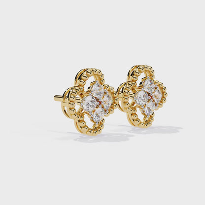 Ornate Clover – Diamond Stud Earrings with Beaded Gold Detail in 14K