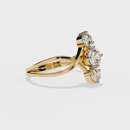 Ribbon Arc – Triple Round Diamond Ring with Criss-Cross Shank in 14K Gold