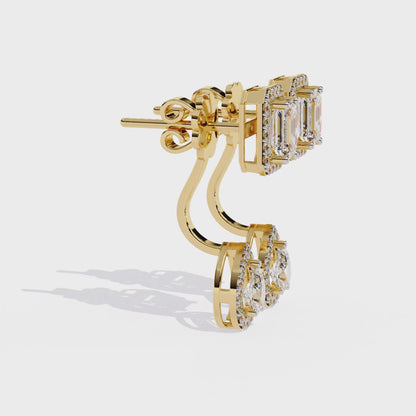 Duo Halo – Emerald & Pear Diamond Drop Earrings in 14K Gold