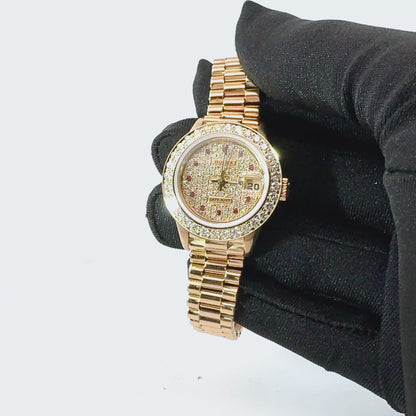 Women's 18K Gold Watch | Rolex Datejust | 26mm | Diamond Bezel | Iced Out Dial With Rubies