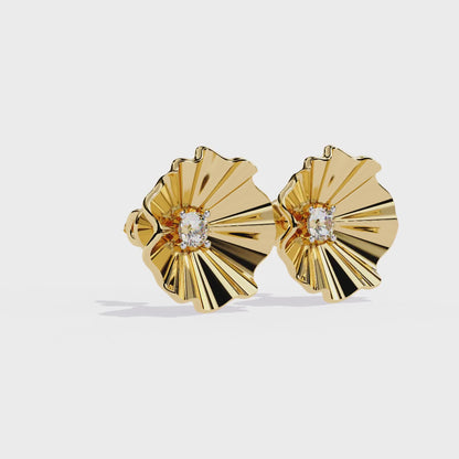 Golden Bloom – Ruffled Gold Studs with Princess Lab Diamond in 14K
