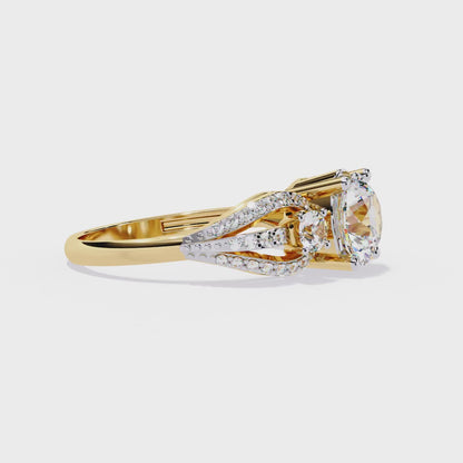 Heirloom Trinity – Lab Diamond Three-Stone Ring with Pavé Halo in 14K Gold