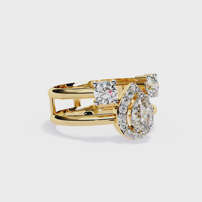 Halo Drop – Pear Diamond Ring with Twin Round Accents and Dual-Band in 14K Gold