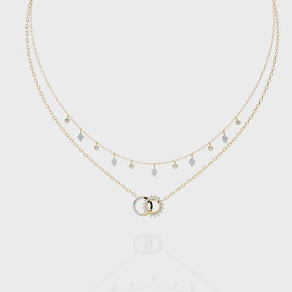 Lunar Link – Dual Charm Diamond Necklace in 14K Gold