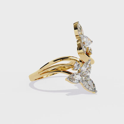 Tri-Vine Pear – Pear Diamond Floral Ring with Multi-Band Shank in 14K Gold