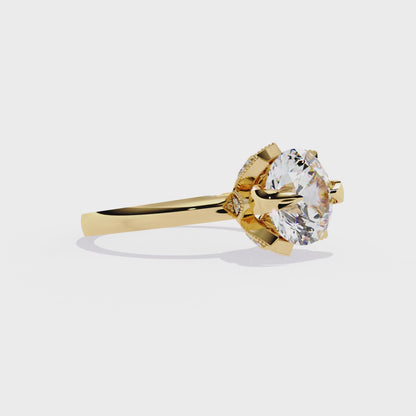 Victorian Lotus – Solitaire Diamond Ring with Engraved Crown in 14K Gold