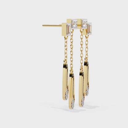 Geometric Drop – Princess & Baguette Diamond Chain Earrings in 14K Gold