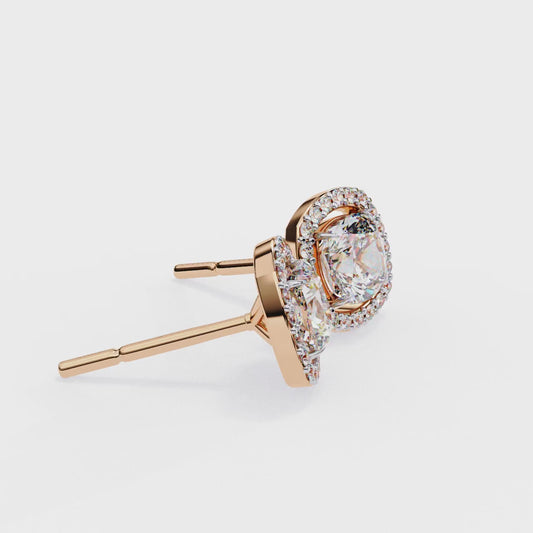 Aurora Bloom – Cushion Halo Diamond Stud Earrings in 14K Gold